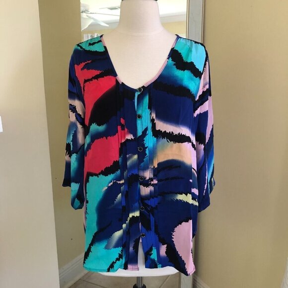 Yumi Kim Lizzie Silk Blouse Top Small Blue Abstract Watercolor Print Roomy Fit - Picture 2 of 10